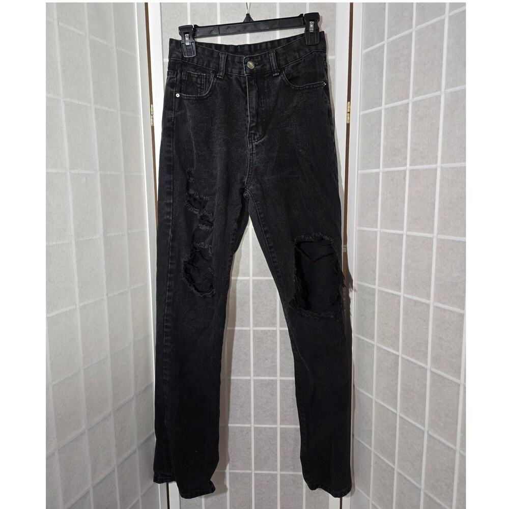 Shein Women's Black Fade Denim Straight Leg High Waisted Ripped Jean Size: Small